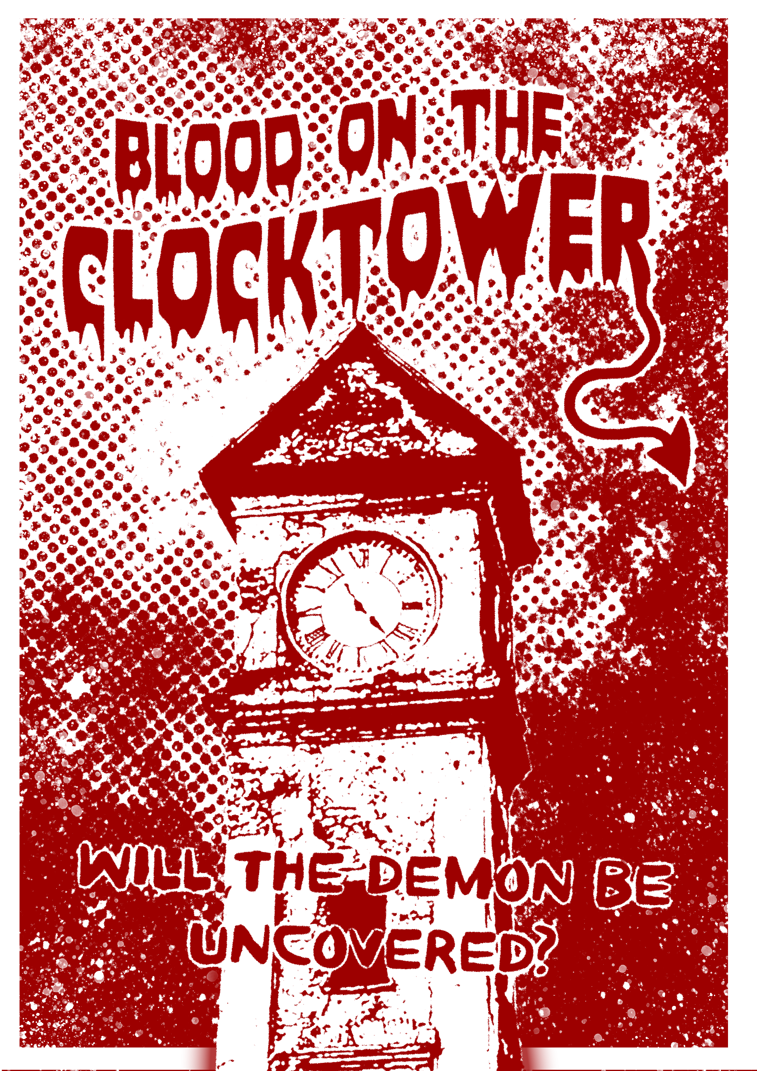 Torn red poster about BLOOD ON THE CLOCKTOWER