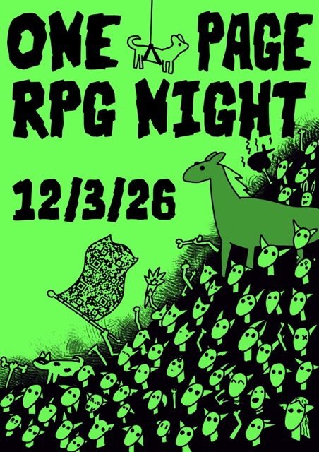 One page rpg night poster with 100 goblins, a horse and a dog